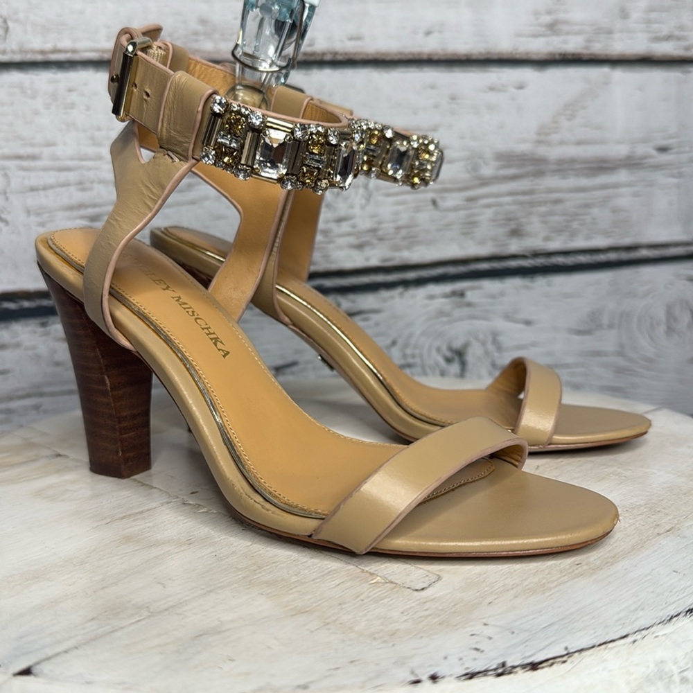 Badgley Mischka Tan Heels with Crystal Embellishments